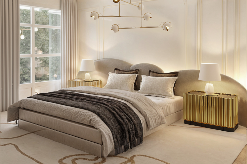 Elegant bedroom with a sculptural curved headboard, layered bedding in light neutrals, and matching gold nightstands topped with white lamps beneath a modern ceiling light.