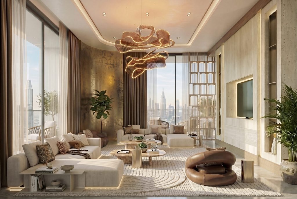 High-end apartment lounge with skyline view, interior designers in Dubai