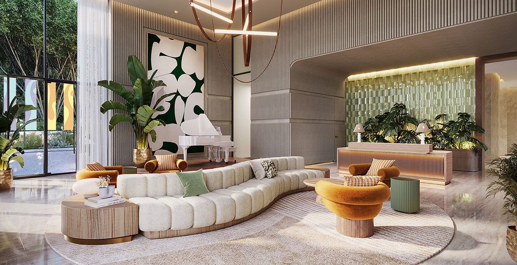 Modern curved sofa in stylish hall with piano, interior designers in Dubai