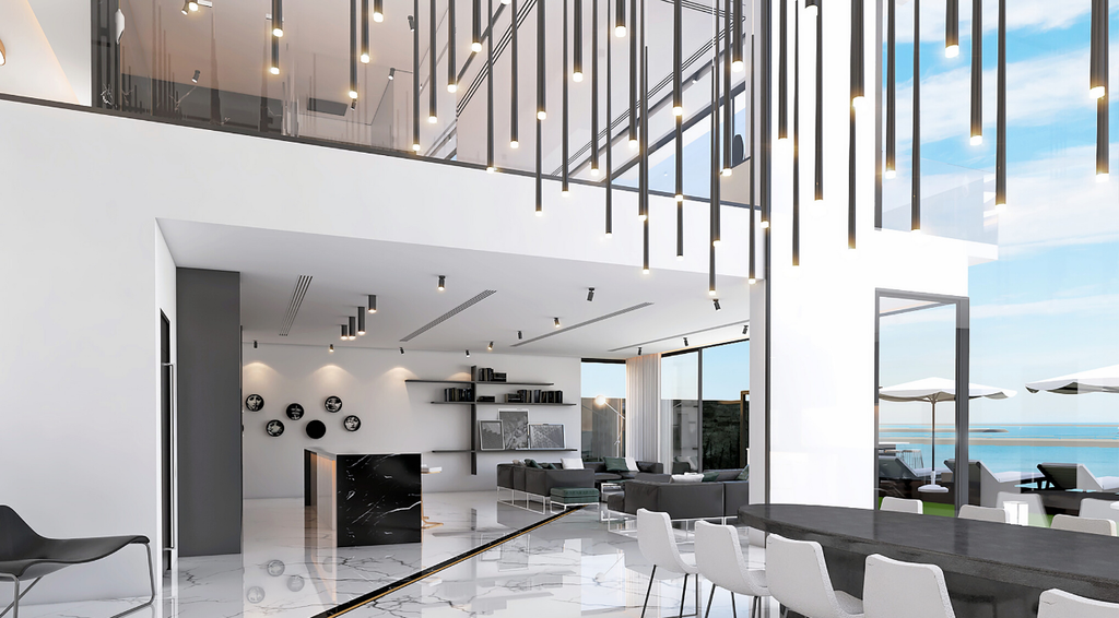 Modern double-height penthouse with ocean view, interior designers in Dubai
