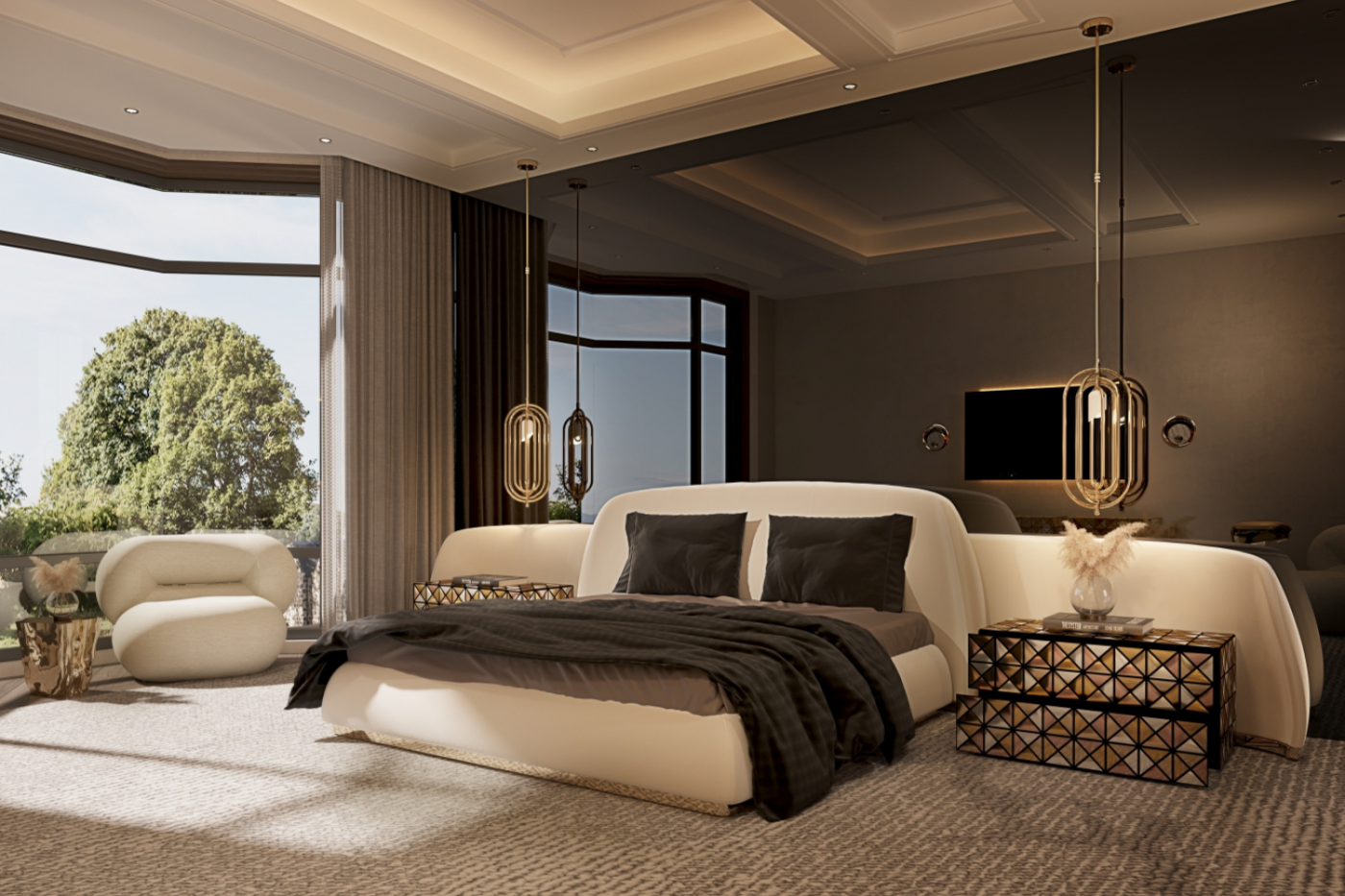 Spacious contemporary bedroom with a curved cream bed frame, geometric nightstands, hanging pendant lights, and large windows overlooking greenery.