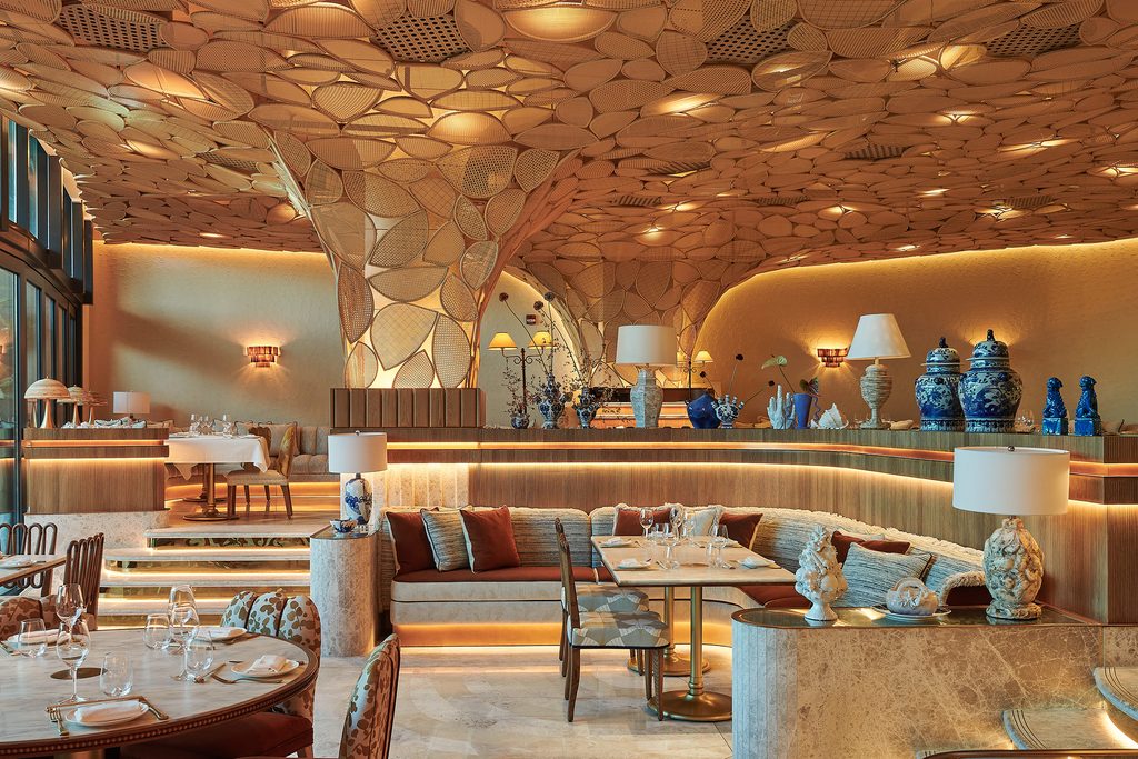 Upscale restaurant with woven ceiling decor, interior designers in Dubai