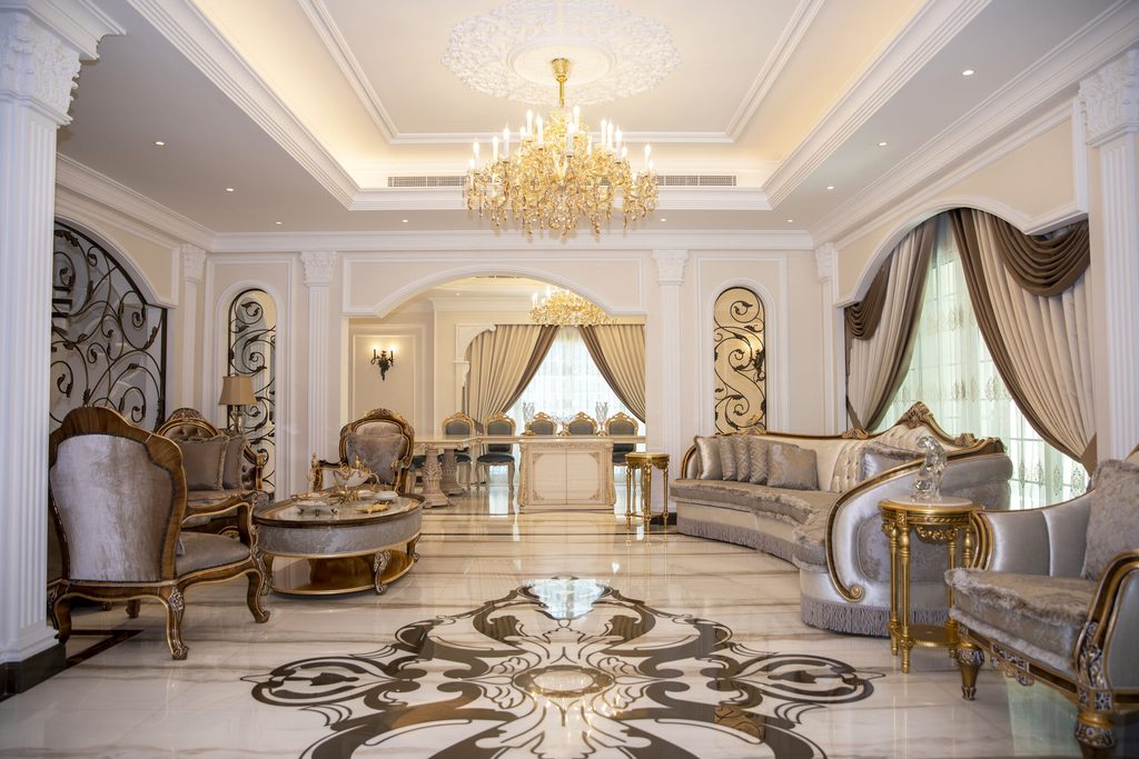 Classic luxury villa living room with gold, interior designers in Dubai