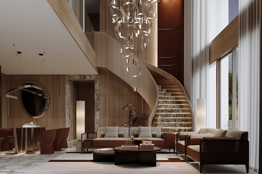 Modern double-height living room with wooden staircase, interior designers in Dubai