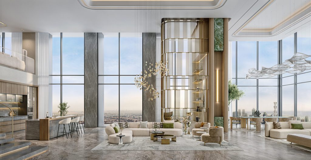 Luxury penthouse living room with city view, interior designers in Dubai   