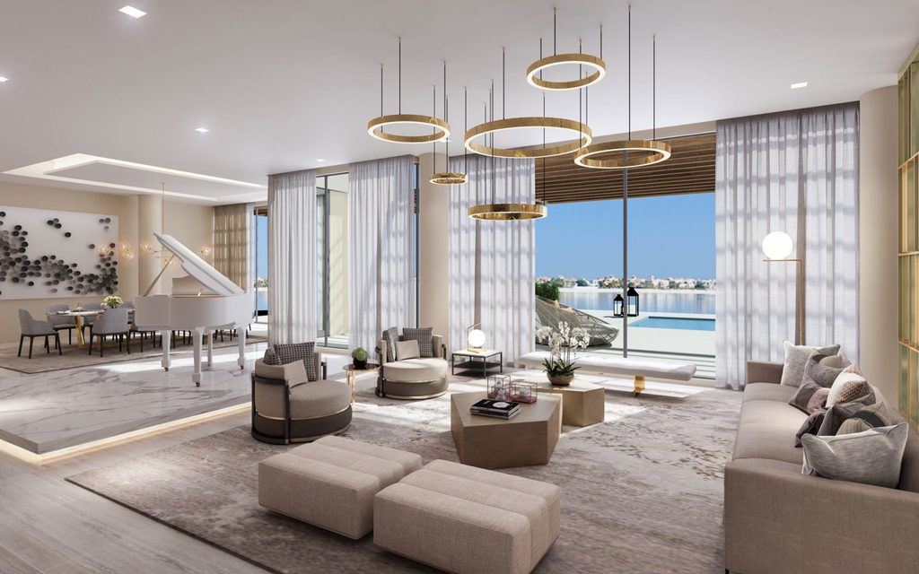 Bright seaside villa lounge with white piano and pool view, interior designers in Dubai   