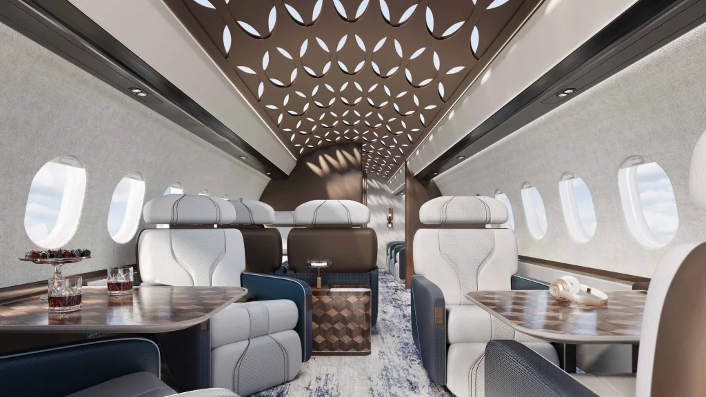 luxury interior design, interior of an aircraft with white and brown seats with blue armrests, brown tables, white aircraft walls, brown ceiling