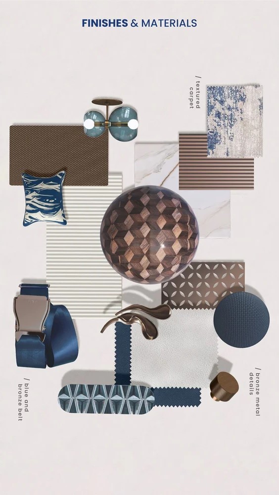 luxury interior design, finishes, and materials, examples of materials and finishes in blue-brown and white for the project