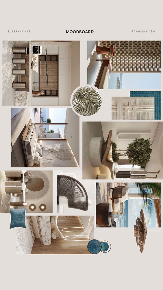 luxury interior design, mood board with various elements, pieces, decoration in shades of brown, blue, beige