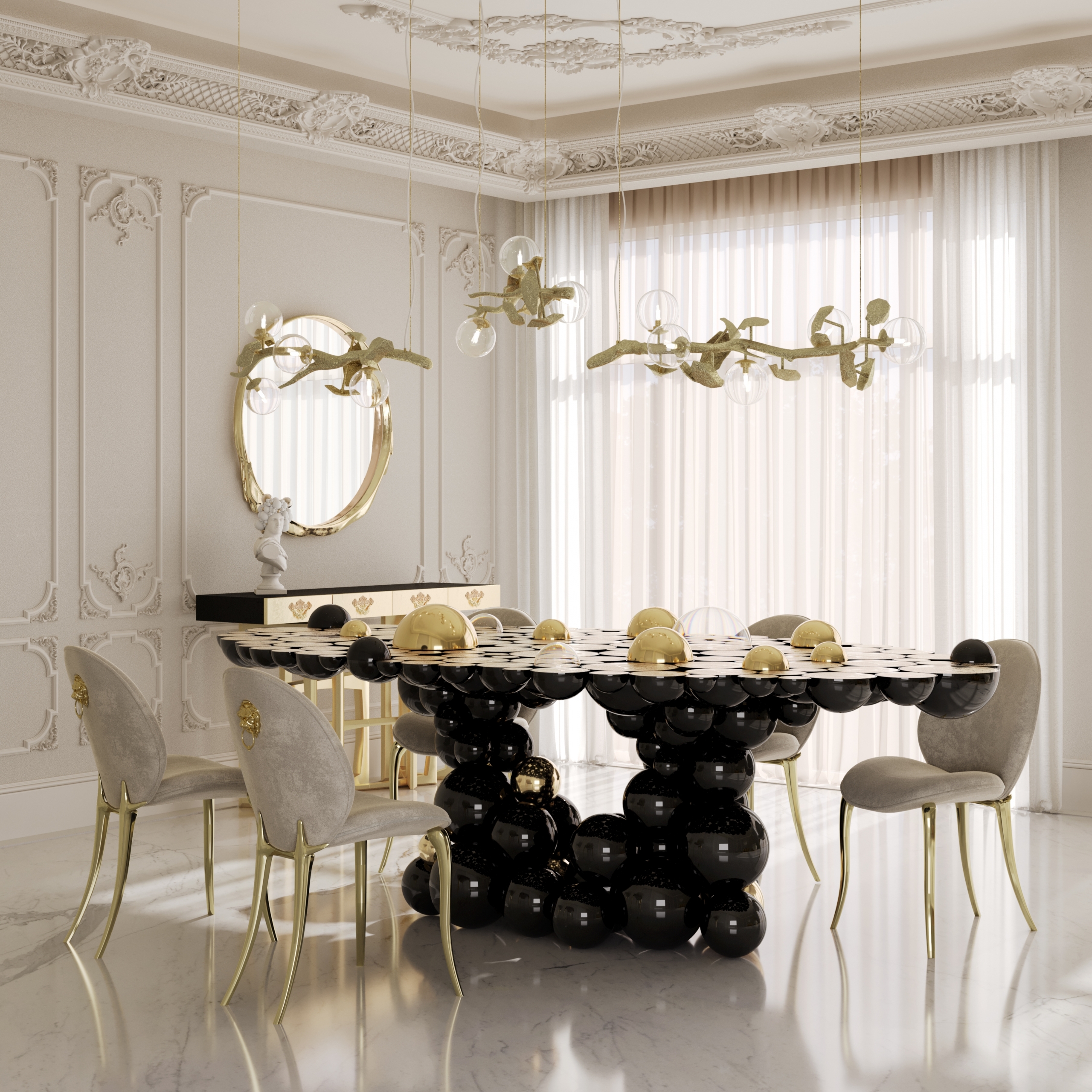Dining table designs, dining room with black and gold table, white walls, white and gold chairs, gold lamp, sideboard, and mirror