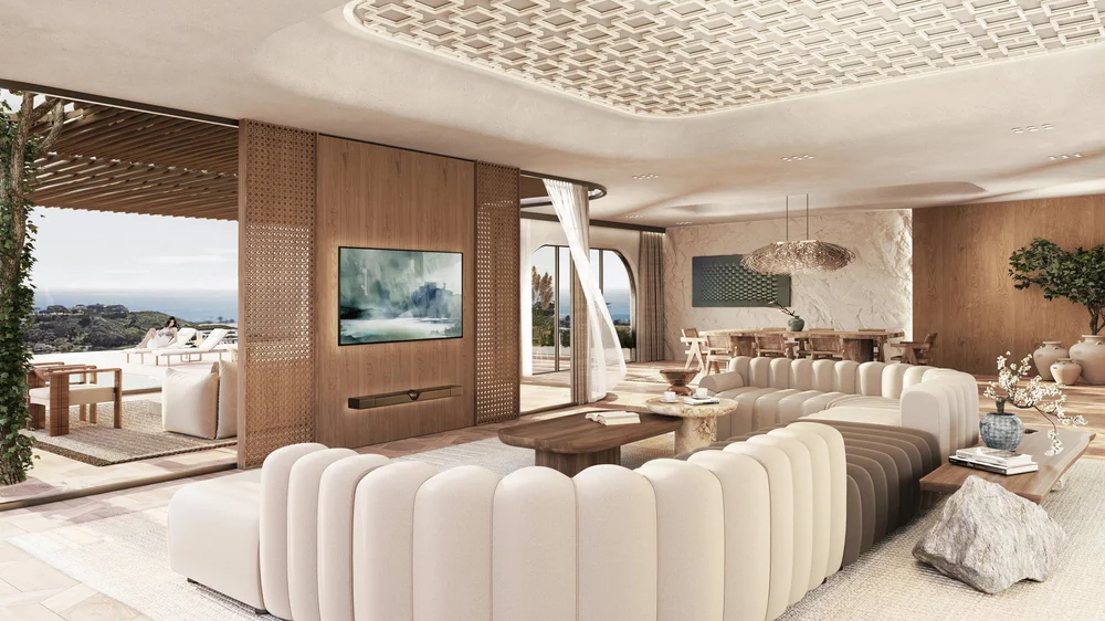 luxury interior design, living room in a seaside villa, white sofa, windows with access to the outside, white and brown walls, brown table in the background, a dining room with brown table and chairs