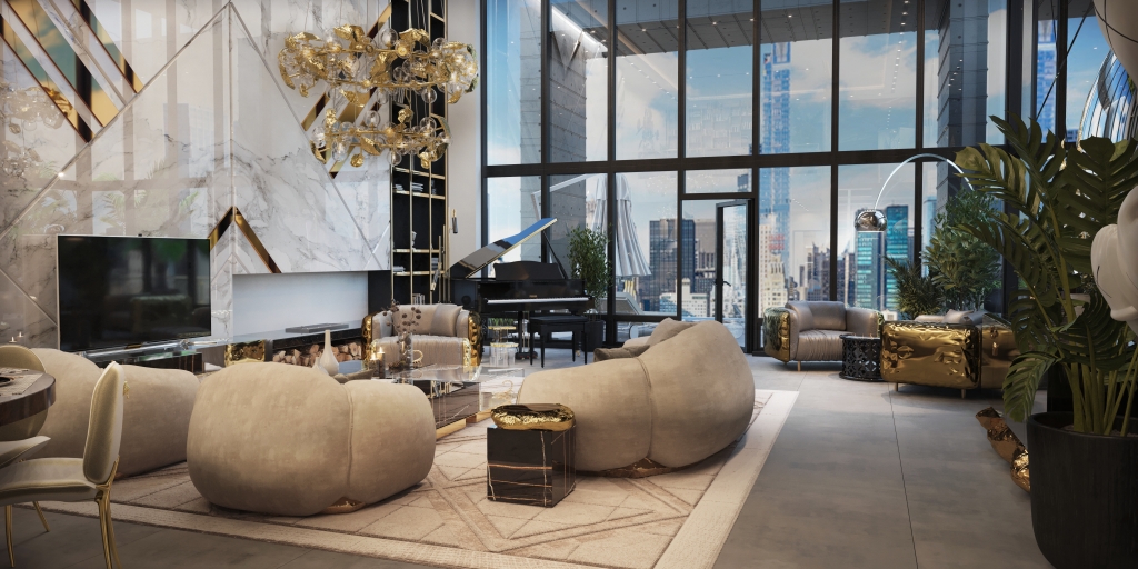 grey floor, white rug, white and gold walls, big windows, door, black piano, television, 2 gold and cream sofa, 3 gold and cream armchairs, plant, floor lamp, gold suspension lamp, black bookcase, glass center table, black center table, 2 cream and gold dining chair, black and gold side table, wood New York Penthouses