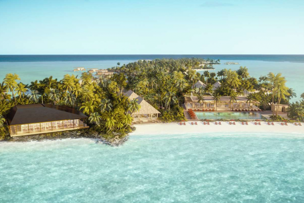 Luxury Hotels Opening in 2026, Aerial view of a tropical luxury resort on a private island with turquoise water, white sand, and palm trees.