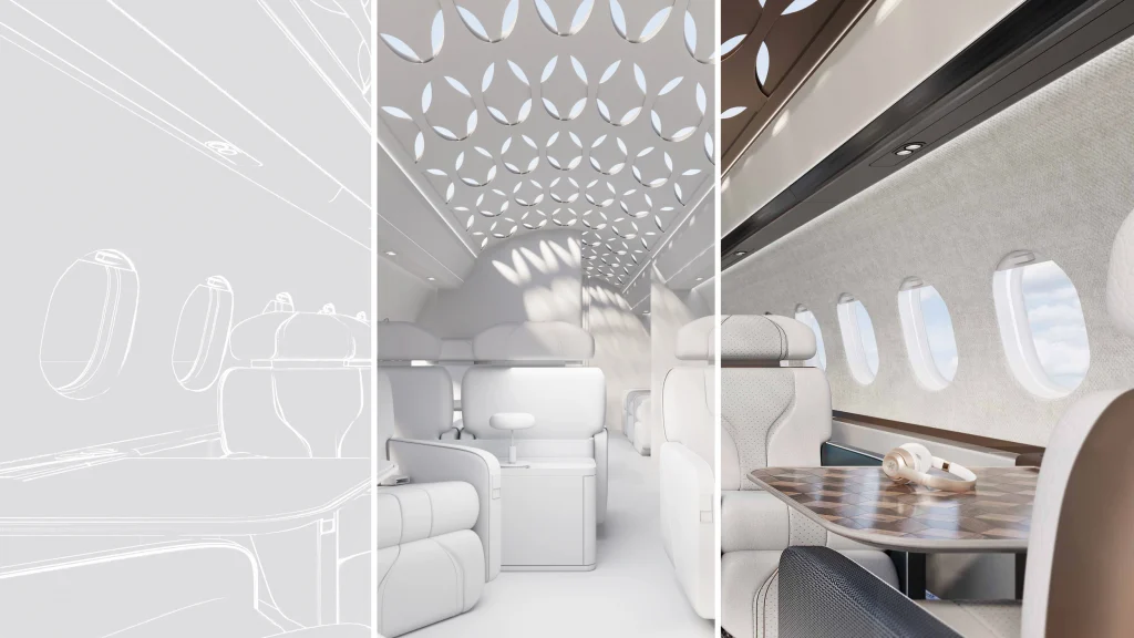 luxury interior design, the evolution of the design to the final project of an aircraft interior design, in shades of white and brown