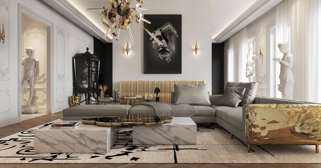 Luxury living room with Imperfectio Sofa and white statues, showcasing sculptural furniture in a black, white, and gold contemporary decor.