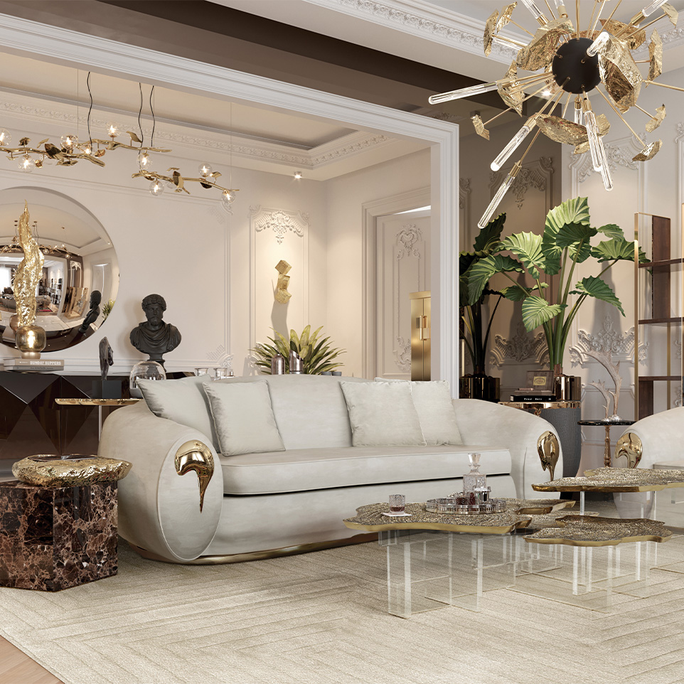 Sophisticated grey living room with Monet Center Table and Soleil Sofas, highlighting the curves of craftmanship sculptural furniture.