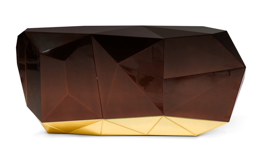 Modern luxury sideboard in rich chocolate brown with a bold faceted design, handcrafted by Boca do Lobo as a statement storage piece.