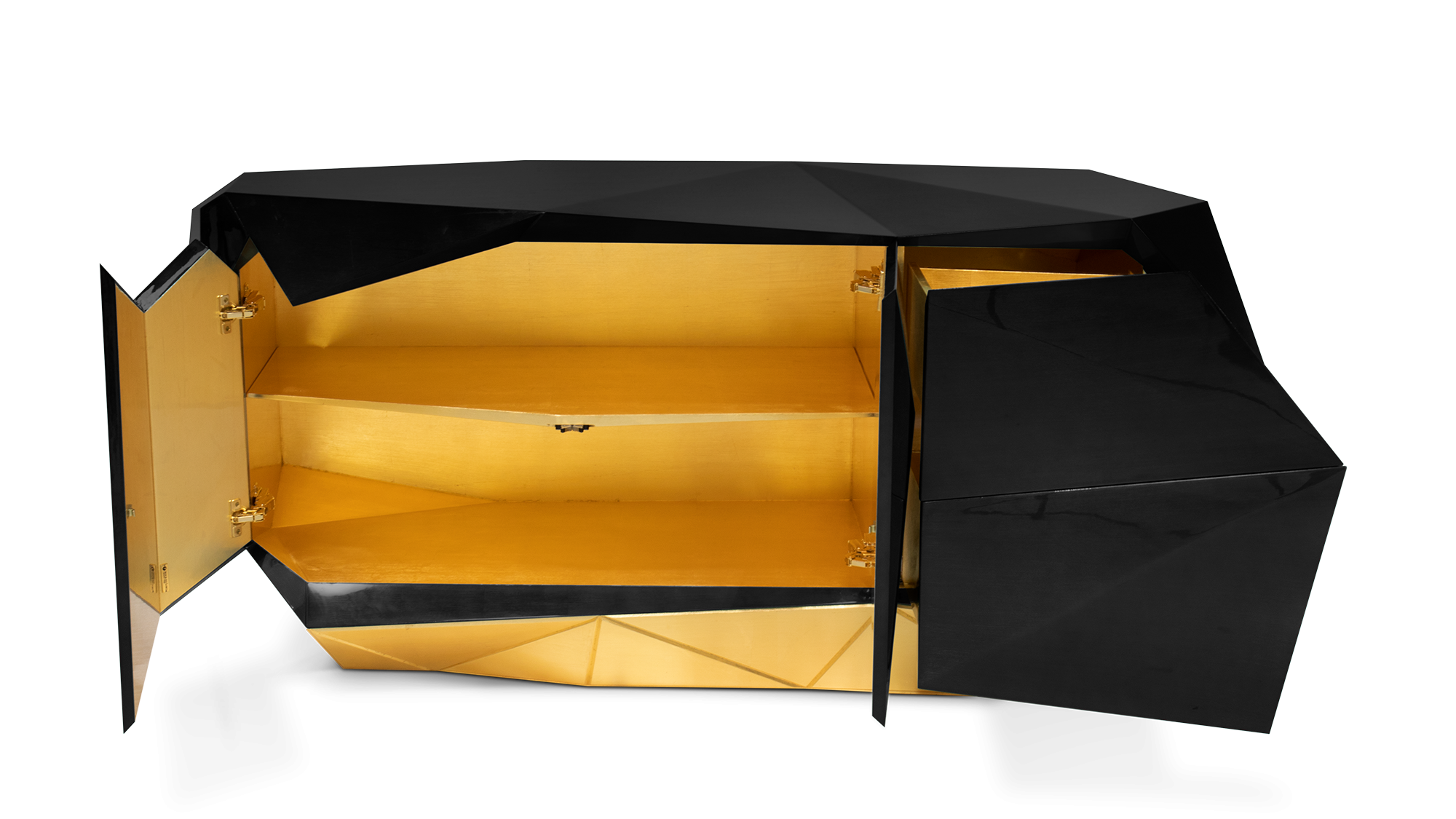 Contemporary black luxury sideboard with a dramatic faceted design, handcrafted by Boca do Lobo for high-end modern interiors.