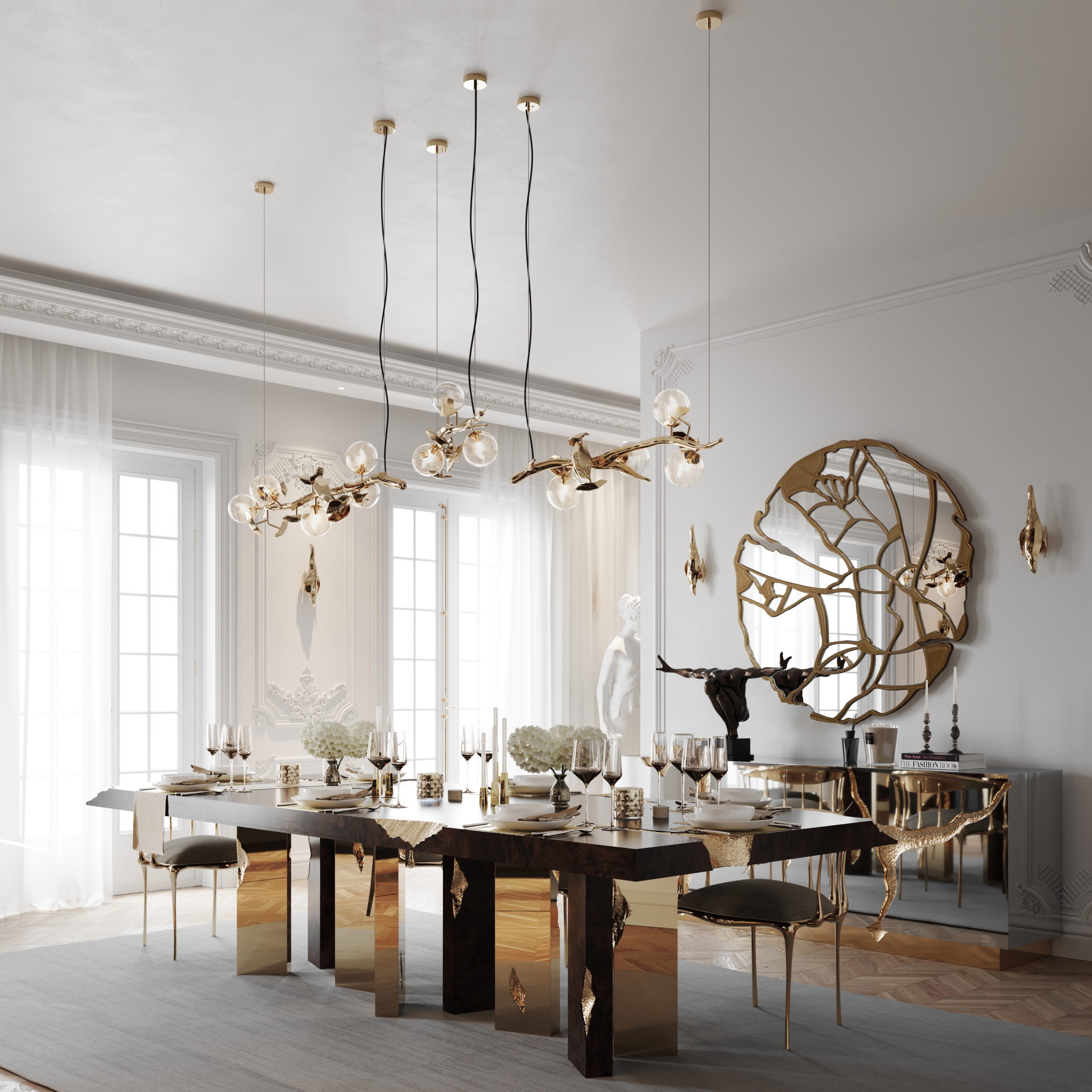 Dining Table Designs, dining room with a wooden table with gold accents, gold and black chairs, gold lamp, a sideboard, and a mirror