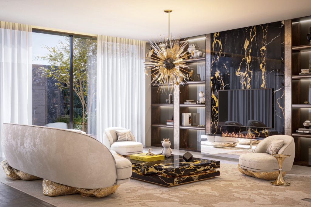 Modern luxury living room with white curved seating, a black marble coffee table, and a large spiky gold chandelier., interior designer trends 2027