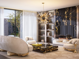 Luxury living room with black and gold marble fireplace wall, sculptural gold chandelier, neutral curved sofa, marble center table and floor-to-ceiling windows creating an elegant modern interior.