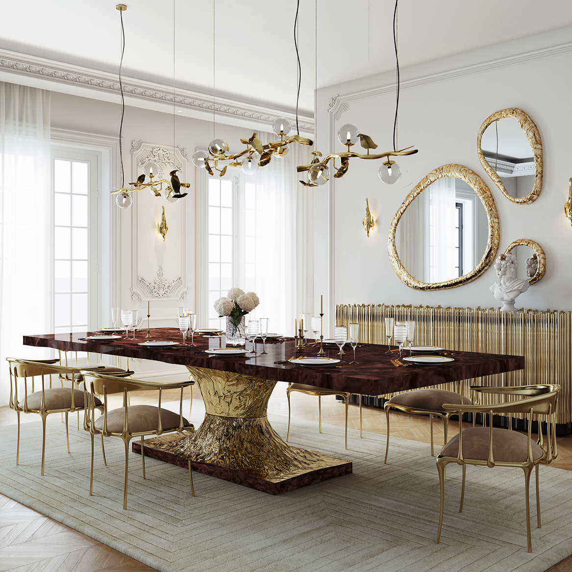 Dining table designs, dining room with wooden table and gold chair, gold lamp, gold sideboard, and mirror