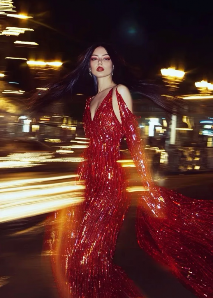 Woman with a red sparkly dress