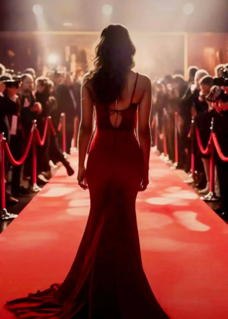 woman in a red dress in a red carpet