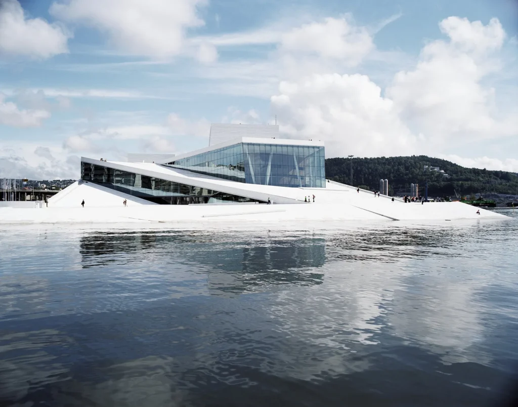 Oslo Opera House designed by Snøhetta with its sloping marble roof and waterfront architecture in Oslo