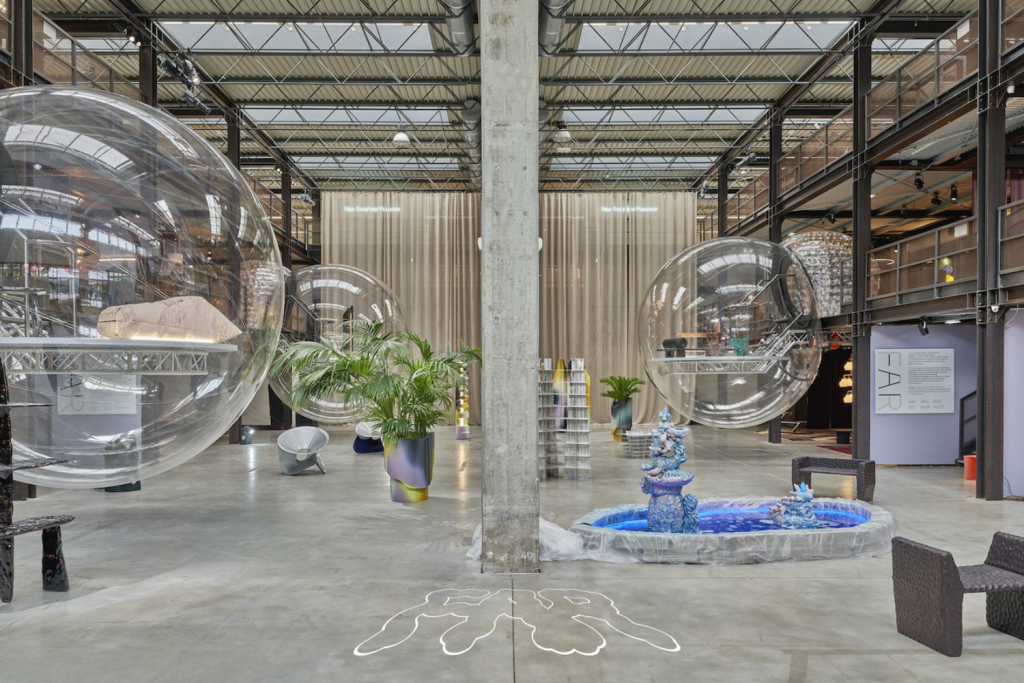 Nilufar Gallery Milan, Conceptual installation at Nilufar Gallery Milan showcasing collectible design objects within transparent sculptural environments exploring contemporary interior narratives