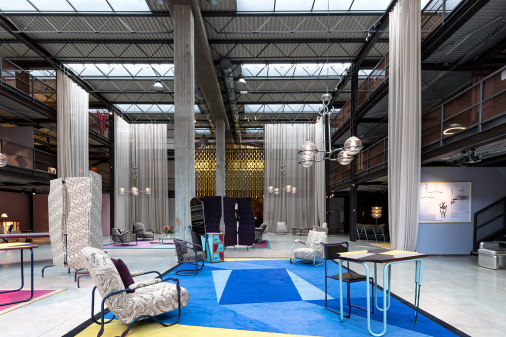 Nilufar Gallery Milan, Nilufar Gallery Milan exhibition at Nilufar Depot presenting collectible design furniture in a large industrial space with curated contemporary interior compositions