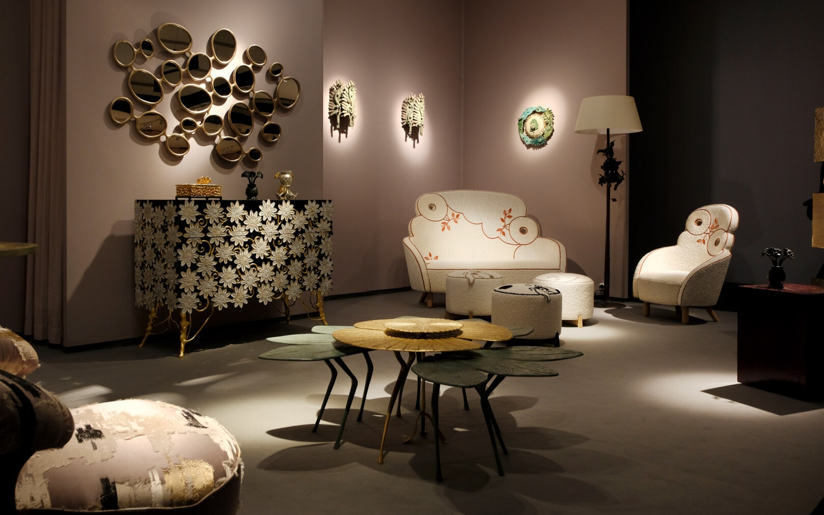 PAD Paris Design+Art 2026, Luxury collectible design vignette at PAD Paris Design+Art 2026 with artistic mirror, handcrafted sideboard and sculptural seating