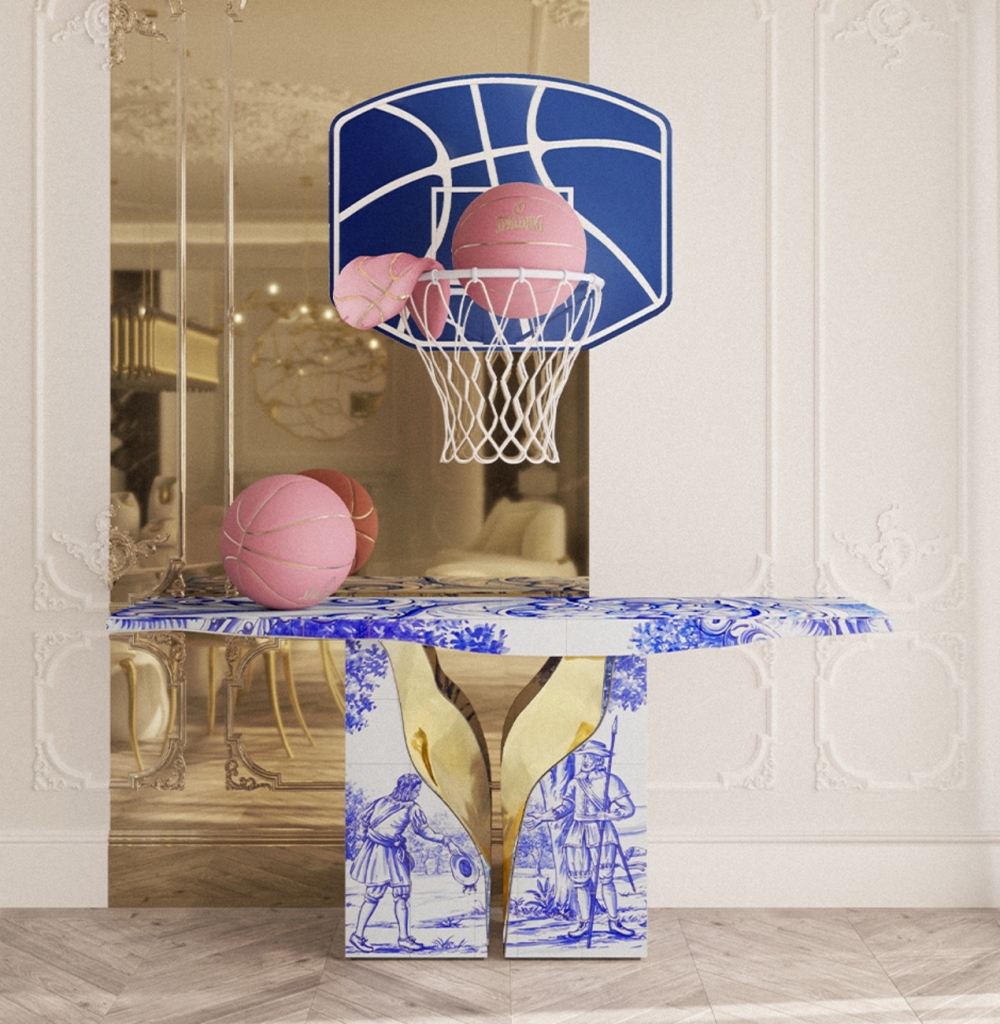 luxury entryway designs with Lapiaz Tiles Console by Boca do Lobo featuring azulejo tiles and gold details