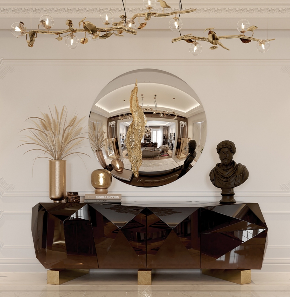 luxury entryway designs with Diamond Chocolate XL sideboard by Boca do Lobo in a warm modern foyer