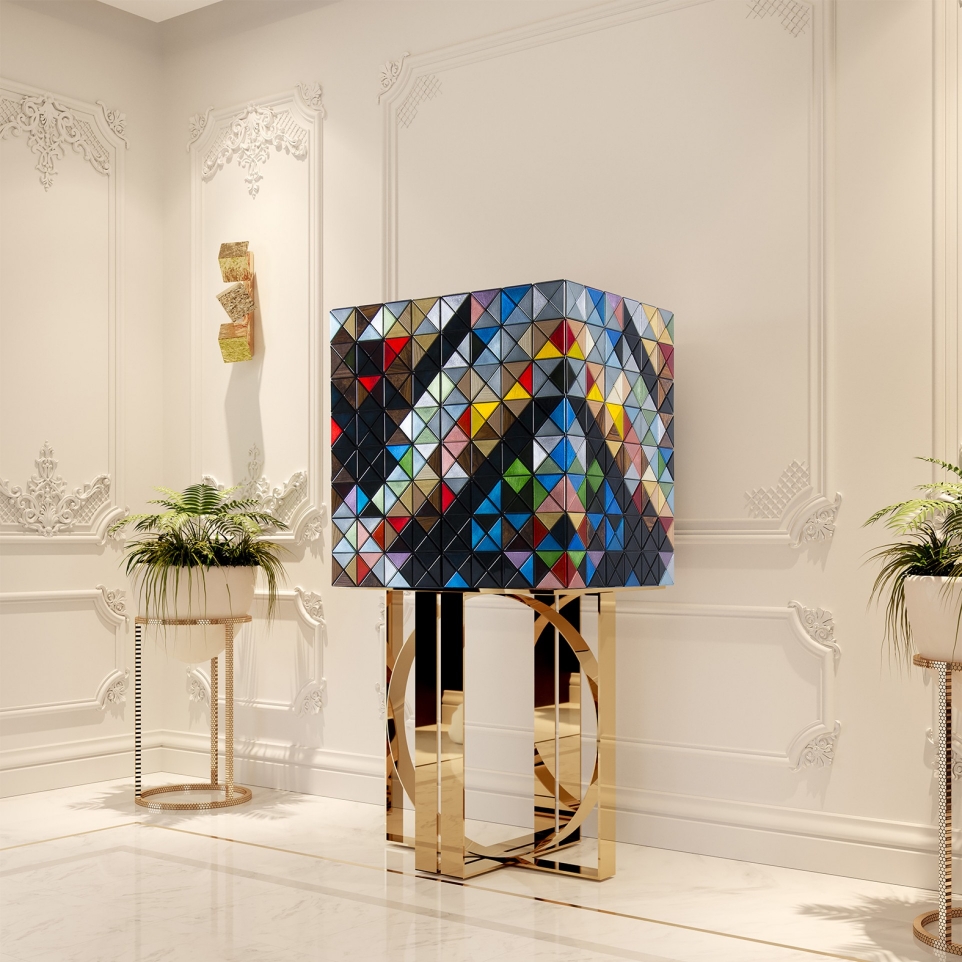luxury entryway designs with Pixel Cabinet by Boca do Lobo showcasing colorful geometric statement furniture