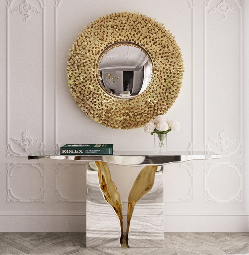 luxury entryway designs with Lapiaz console by Boca do Lobo featuring mirrored surfaces and gold cracks