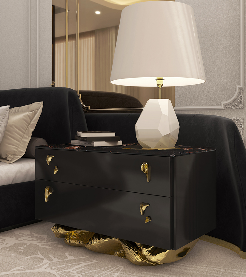 Luxury bedroom setting with the Angra Nightstand, inspired by dramatic natural cliffs and sculptural craftsmanship.