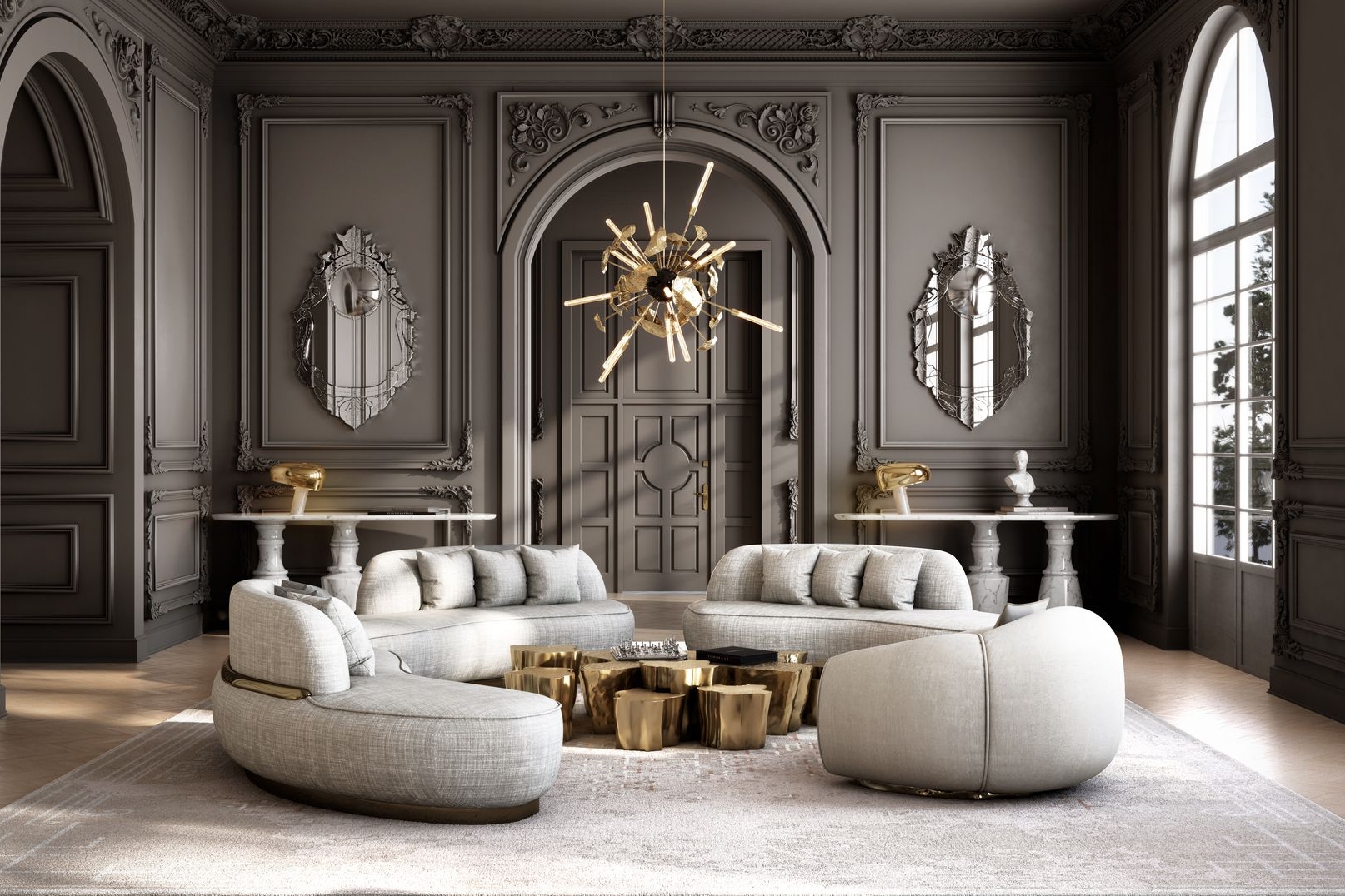 Nilufar Gallery Milan, Luxury living room interior by Boca do Lobo featuring sculptural collectible design furniture, gold center table, and contemporary craftsmanship in an elegant architectural space