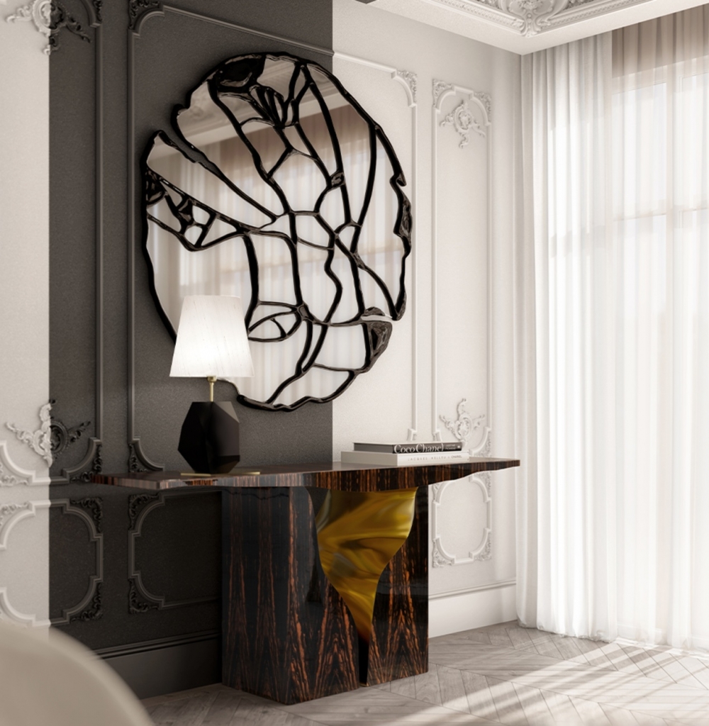 luxury entryway designs with Lapiaz Ebony console by Boca do Lobo in a dark sophisticated entry hall