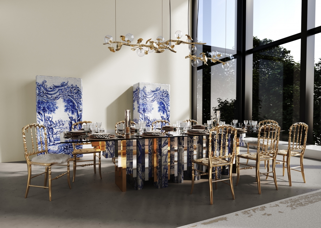 white walls, blue, white and gold dining table, blue and white cabinets, gold dining chair, gold suspension lamp, arts and crafts