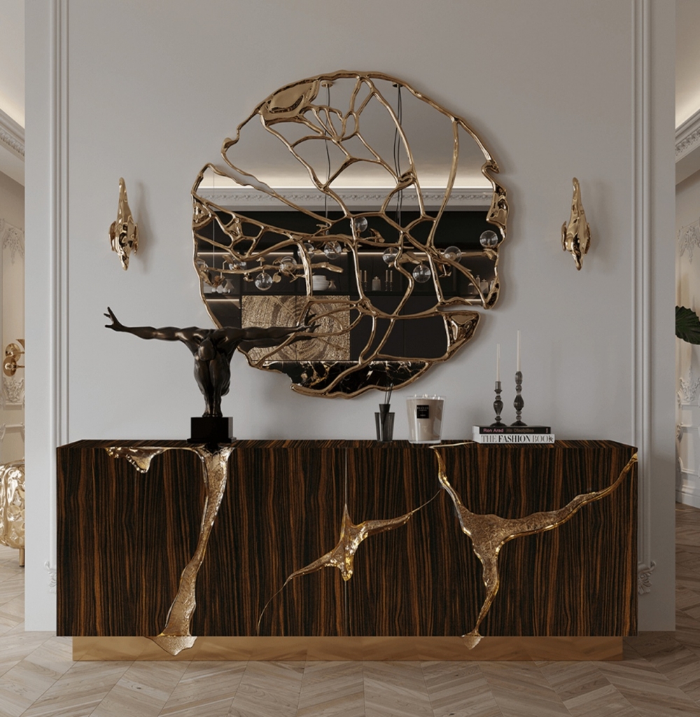 luxury entryway designs with Lapiaz Ebony sideboard by Boca do Lobo featuring wood and gold details