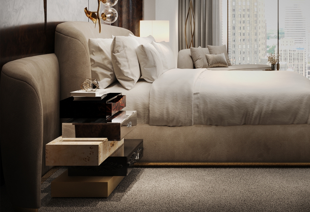 Sophisticated bedroom design featuring the Frank Nightstand with sleek lines and a modern luxury aesthetic.