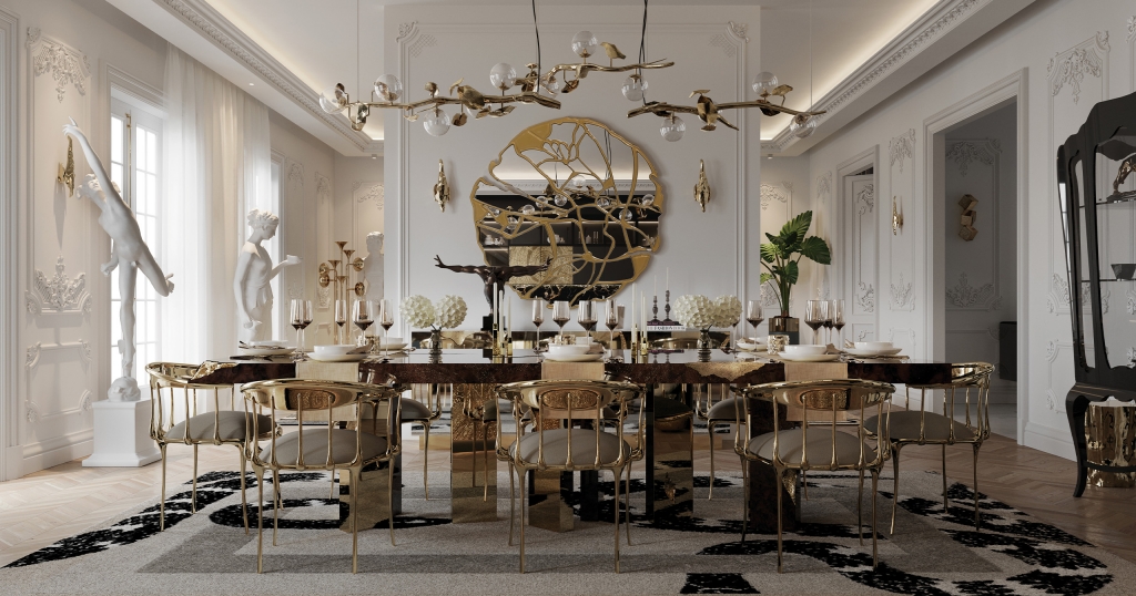 contemporany dining room with golden details