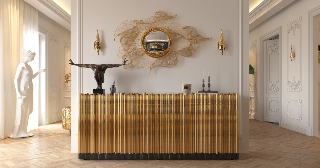luxury entryway designs with Symphony sideboard by Boca do Lobo in a classic elegant entrance hall