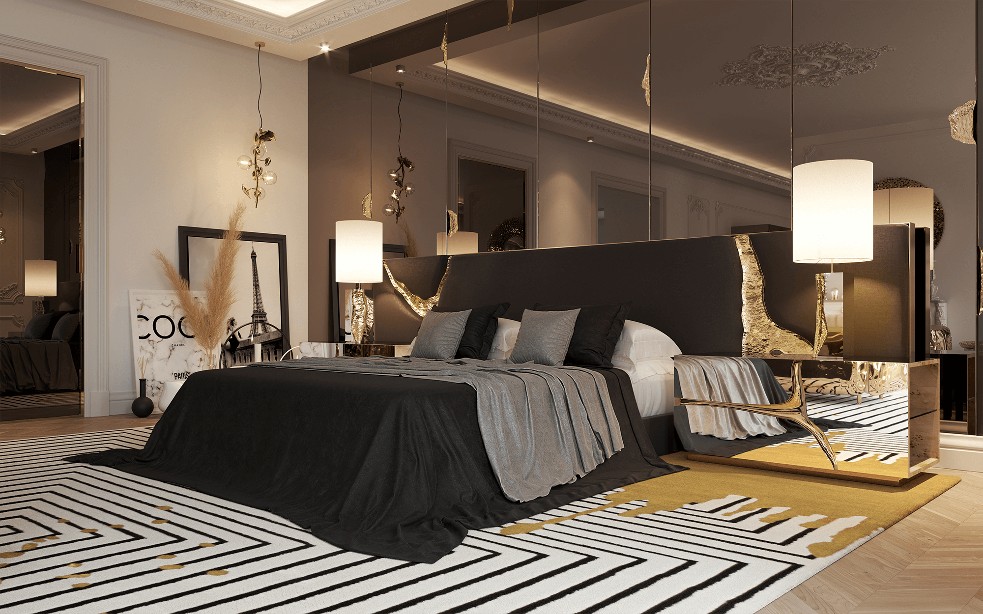Modern luxury bedroom with the Lapiaz Black Headboard showcasing a bold fractured design and sophisticated dark finish.
