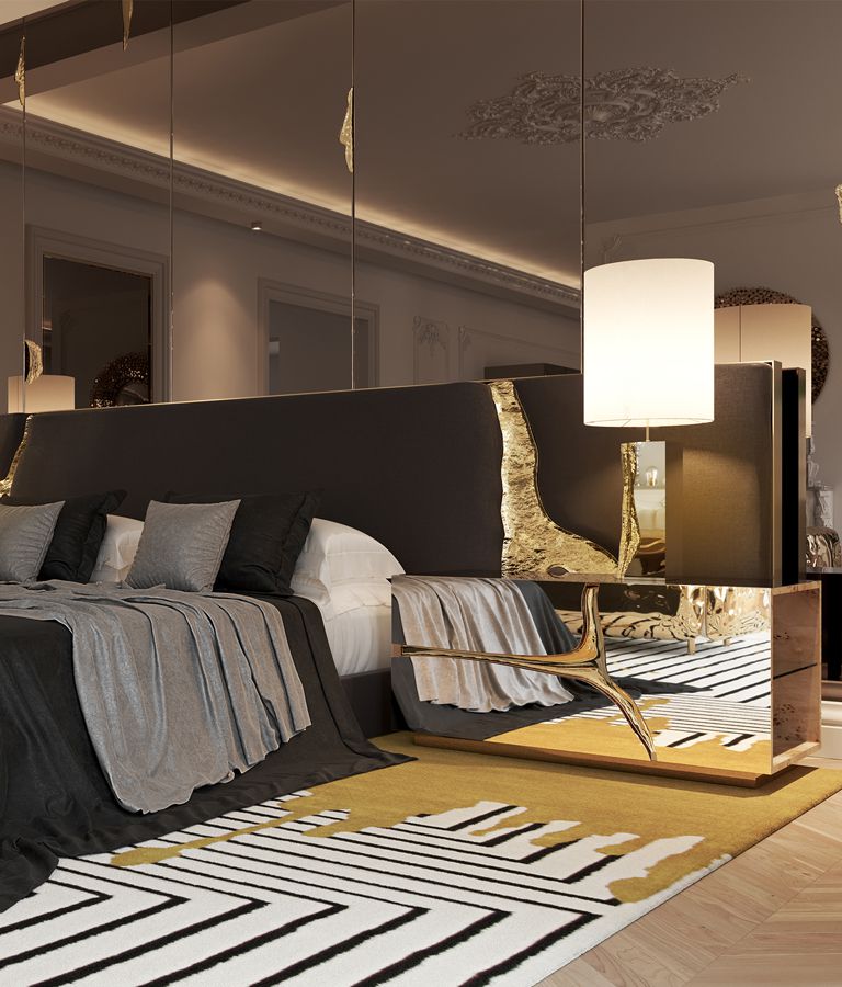 Contemporary bedroom interior with the Lapiaz Nightstand displaying a distinctive fractured design and metallic accents.