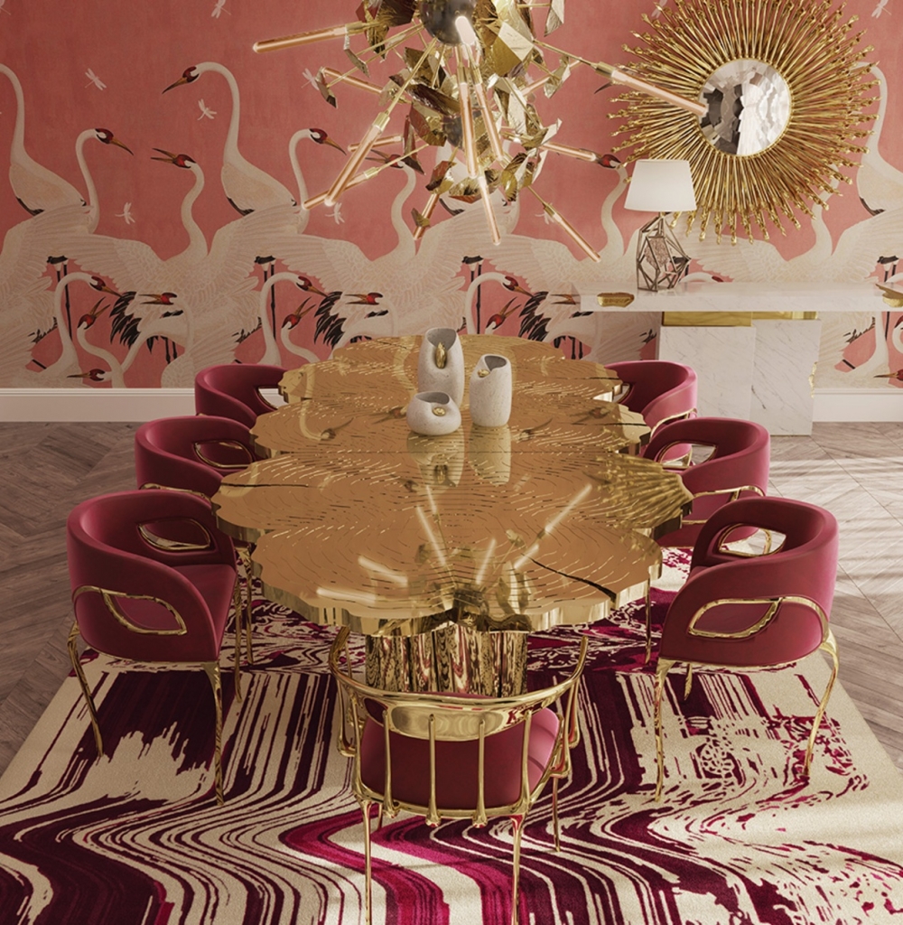 om with gold and pink details with pink dining chairs.