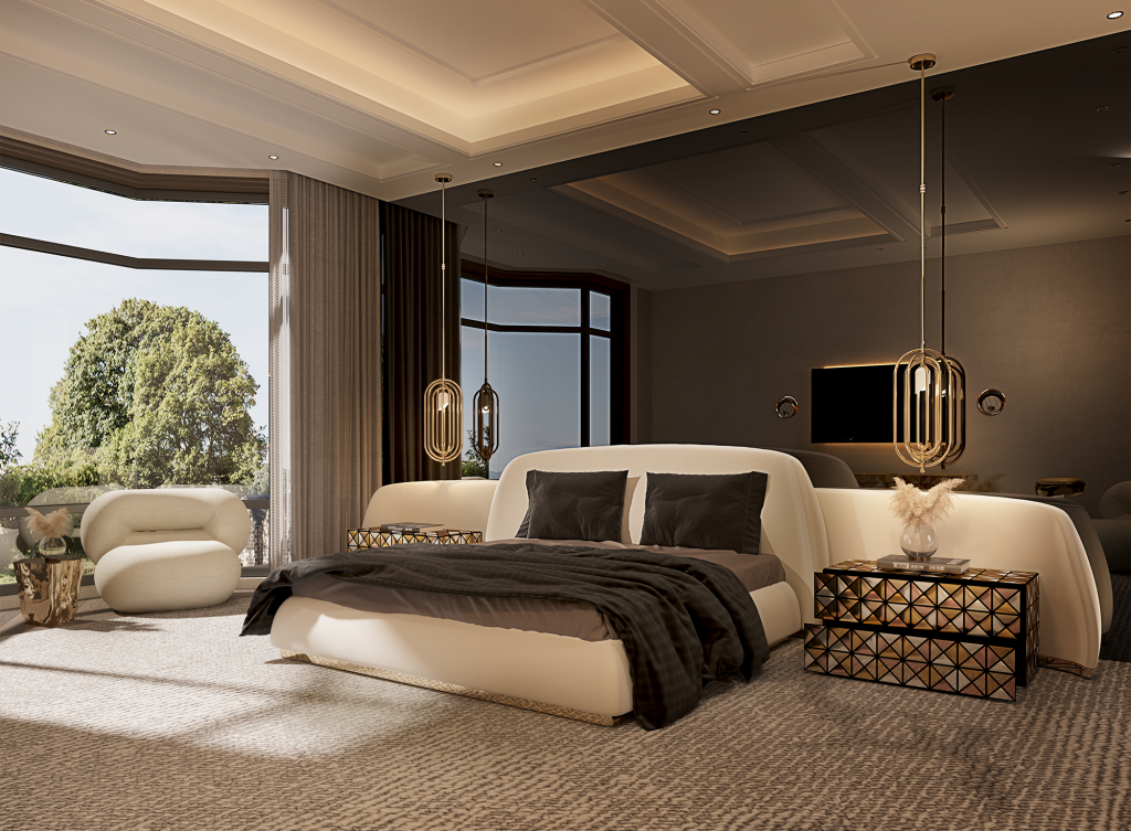 Elegant luxury bedroom with the Odette Bed, featuring graceful curves and refined materials inspired by ballet aesthetics.