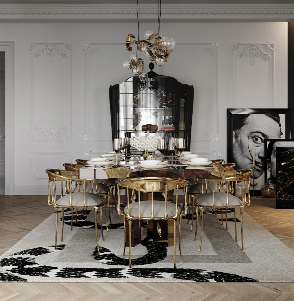 Golden dining chairs in a luxury dining room