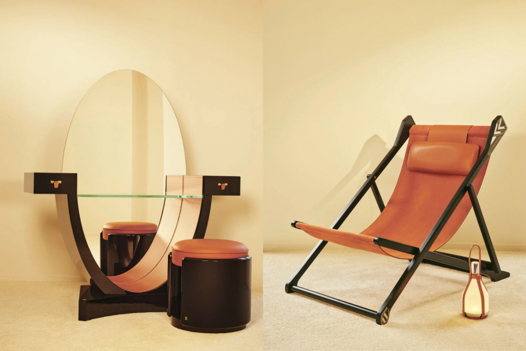 A split image showing a modern black and tan vanity with an oval mirror on the left, and a sleek leather lounge chair with a lantern on the right, Objets Nomades